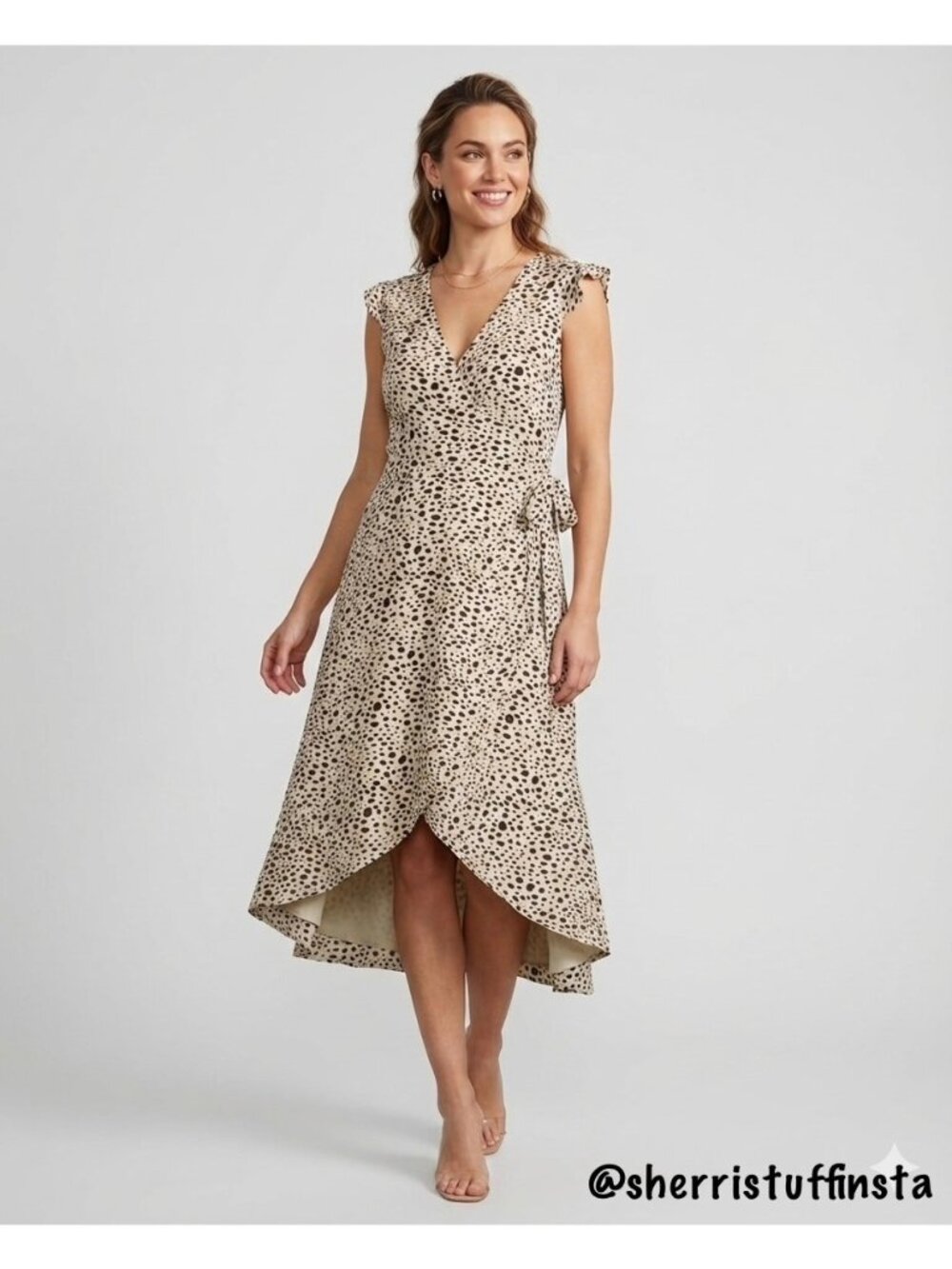 Like New BB Dakota Steve Madden High-Low Wrap Midi Dress Polka Dot Beige Black S - Picture 11 of 11